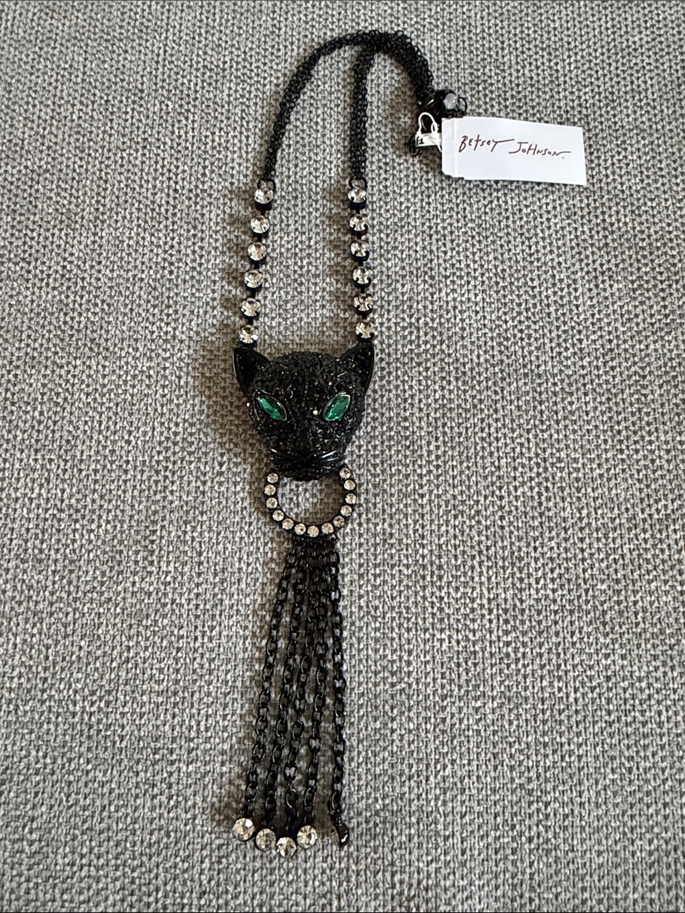Betsey Johnson Black Panther Pendant Necklace with Green Eyes and Crystal Tassel